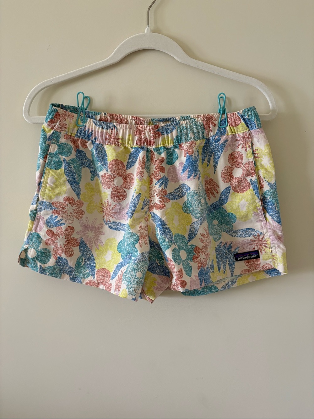 Patagonia Pastel Floral Elastic-Waist Shorts in Blue, Yellow, Pink, Teal